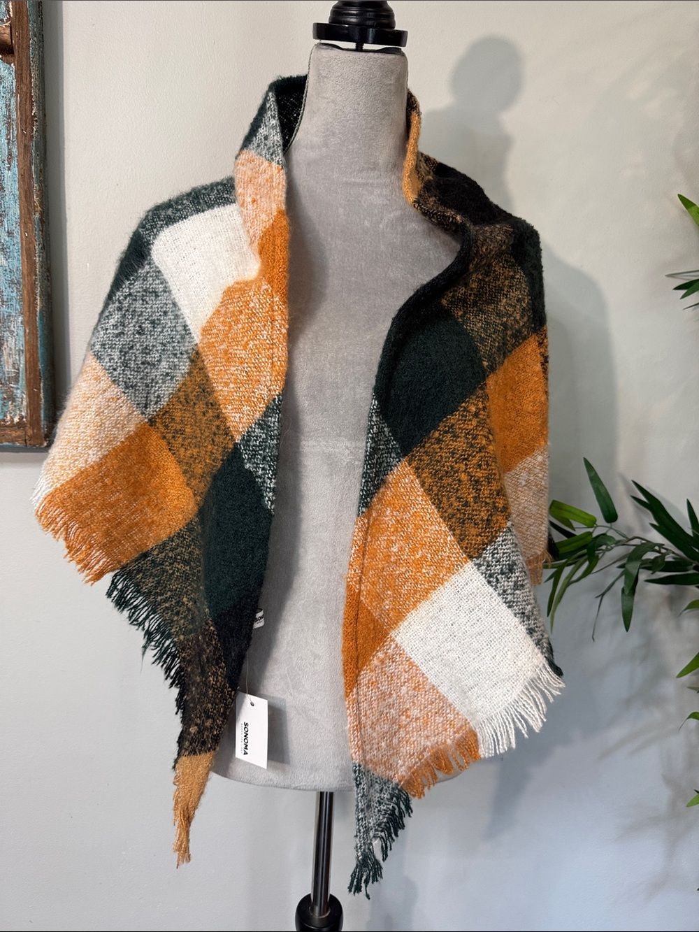 Sonoma Plaid fall Fringe Shawl in Orange, Green & Cream NWT